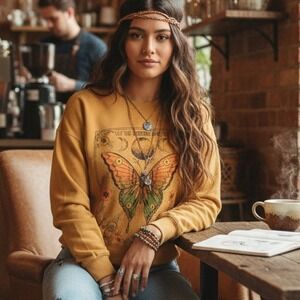 Zoe + Liv Yellow Butterfly 'Let the Universe Guide You' Celestial Sweatshirt Med